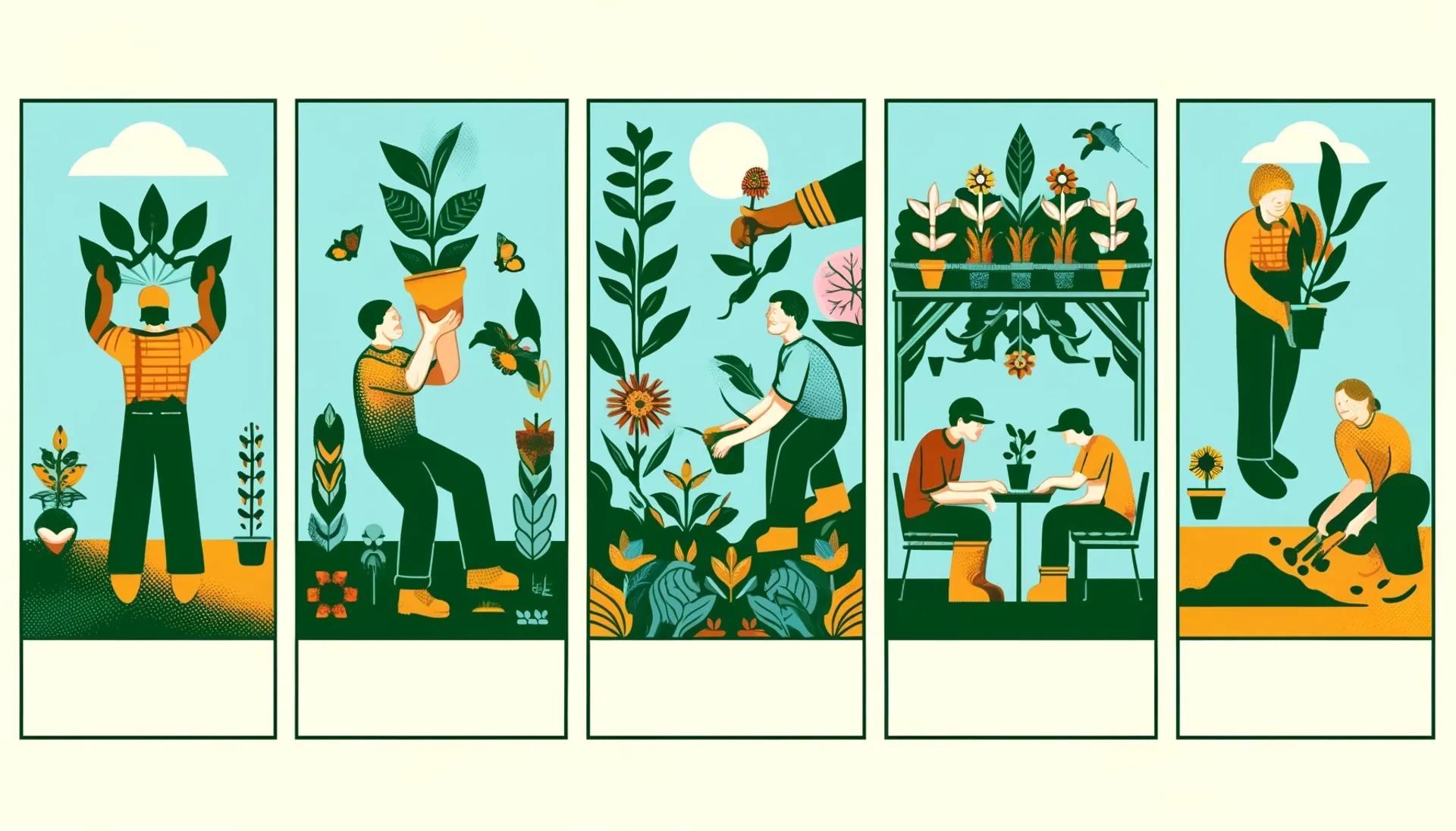 Illustration of a person performing gardening tasks in their garden in various scenes.