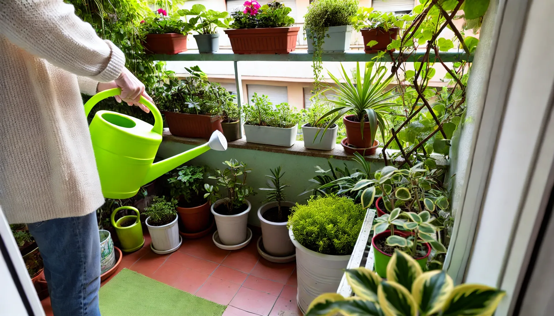 Woman watering plants on her terrace or balcony.